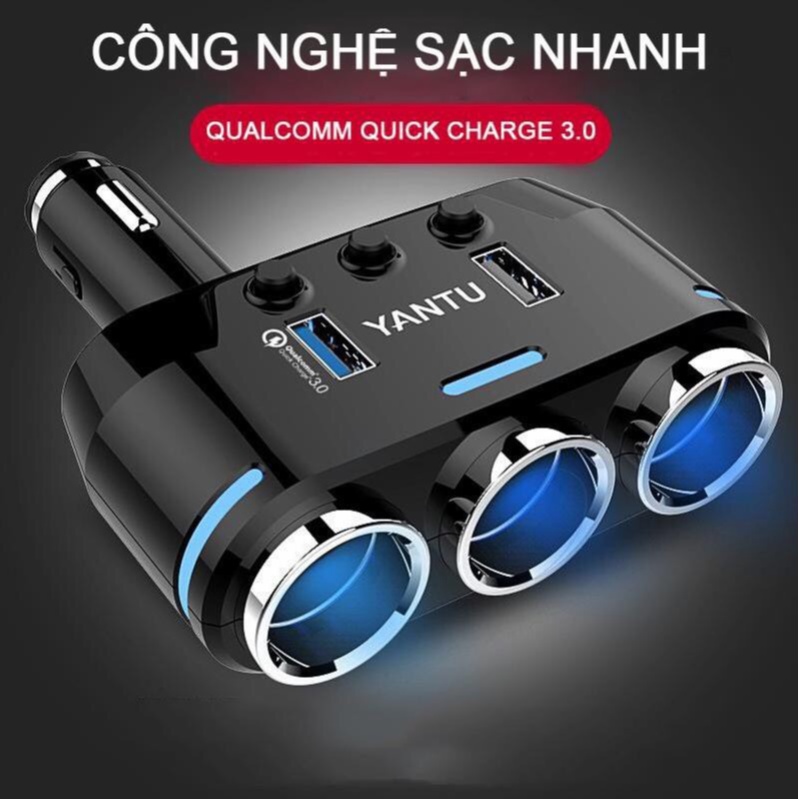 Bộ chia tẩu sạc 12V - 24V chia 1 ra 3 tích hợp 2 cổng sạc USB 2.1A hàng cao cấp