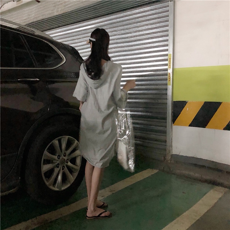 Váy Xuông Dáng Dài Qua Gối Dài Tay Có Nón Phong Cách Hàn Quốc Mới Nữ