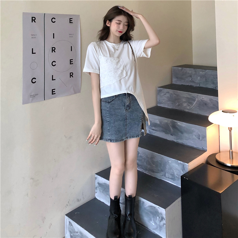 Áo thun nữ SUXI tay ngắn phối ren vạt không đối xứng phong cách Hàn Quốc