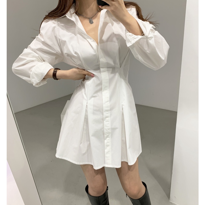 Xiaozhainv Đầm Sơ Mi Lưng Cao Cổ Bẻ Phong Cách Hàn Quốc Quyến Rũ Cho Nữ