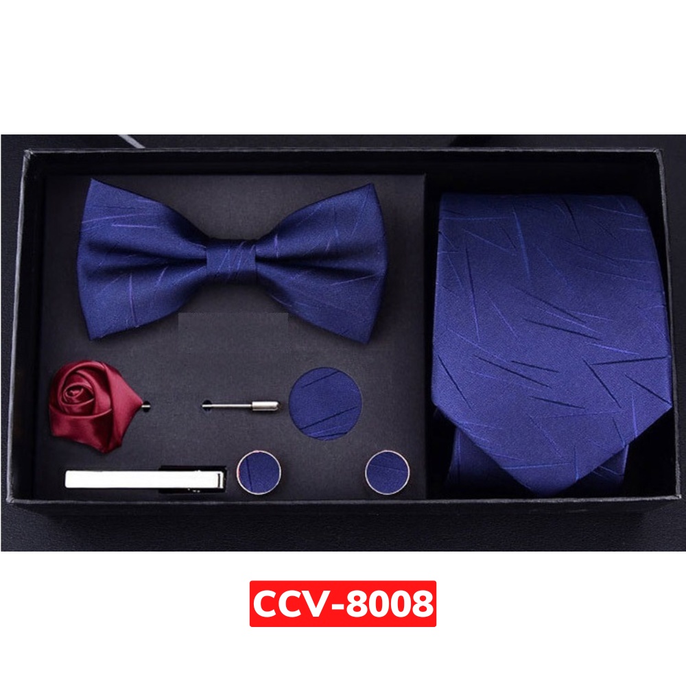 Combo 6 món Cavat 8cm, Nơ cài áo, Khăn cài túi áo, Kẹp cavat, măng-set, trâm cài áo, Cà vạt chú rể, Calavat Công sở