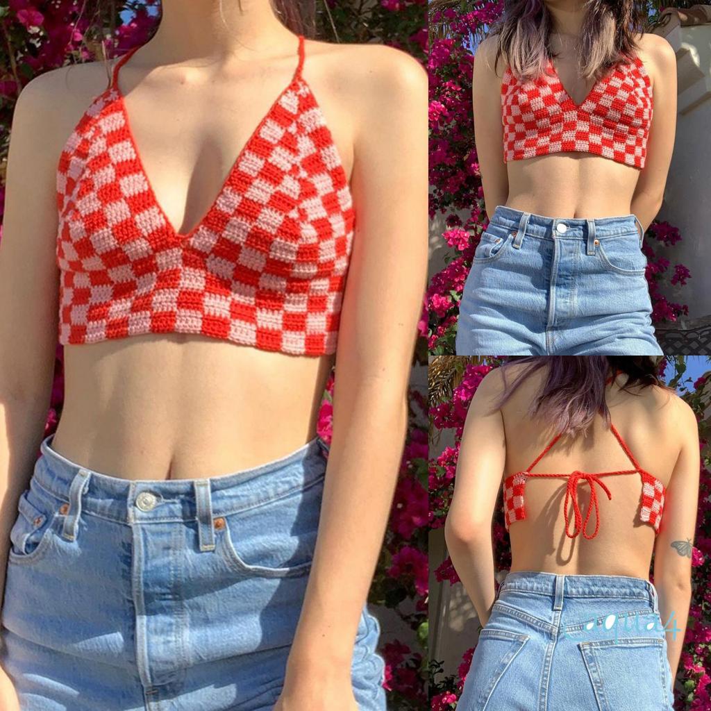 Áo Croptop Dệt Kim Hai Dây Hở Lưng Y2K Thời Trang Đi Biển Quyến Rũ Cho Nữ