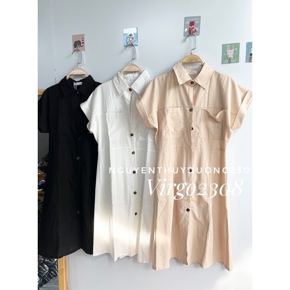 [Ảnh thật/Sẵn]Váy đũi linen chiết eo túi ngực cúc gỗ/Đầm linen cổ đức cúc gỗ | BigBuy360 - bigbuy360.vn