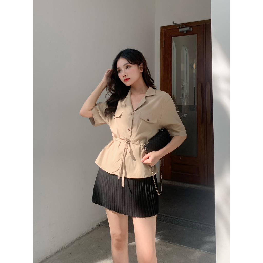 TUBYCATU | Áo sơ mi kem rút eo túi đắp