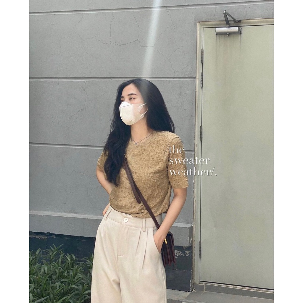 Áo thun kiểu vải xốp nhăn dáng ôm ngắn tay, Áo kiểu cổ tròn tay cộc 1172Aonhanxop/P2K4