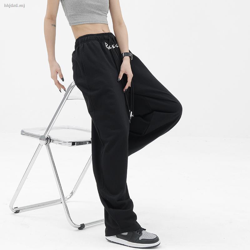 Quần thể thao màu đen ống rộng phong cách đường phố Mỹ thời trang mùa hè cao cấp cho nữ