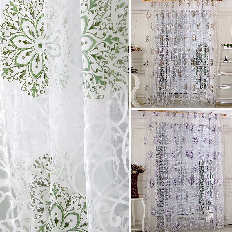 Rèm cửa vải voan họa tiết hoa có dây buộc rèm tiện dụng