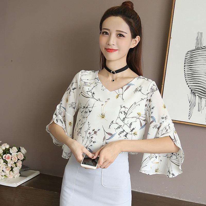 Áo tay dài nhún bèo họa tiết hoa thời trang Hàn Quốc thời trang cho nữ