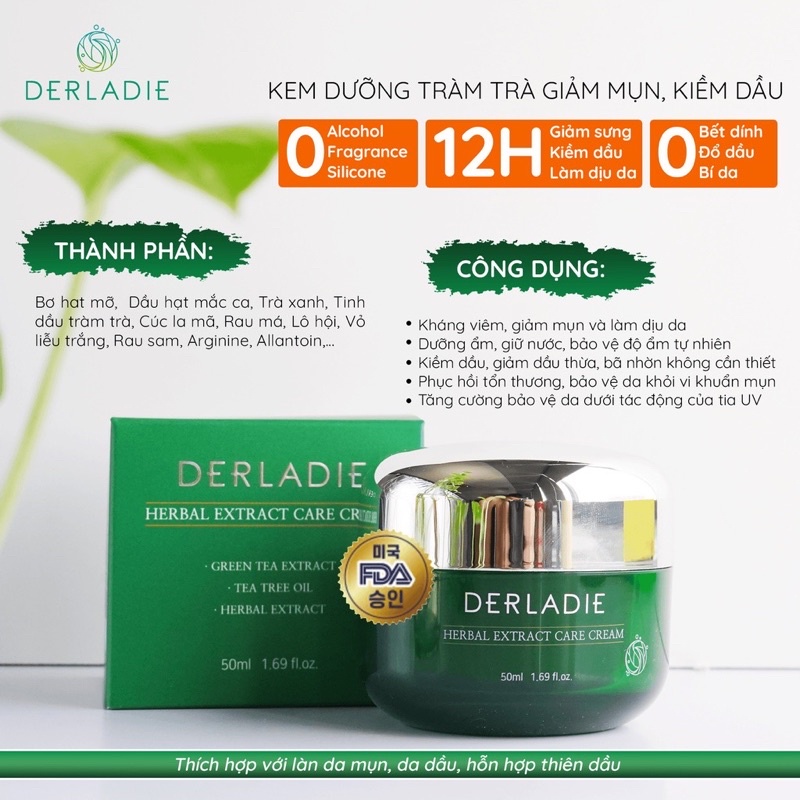 Kem Dưỡng Tràm Trà DERLADIE Giảm Mụn Kiềm Dầu 12 Giờ DERLADIE HERBAL EXTRACT CARE CREAM 50ml