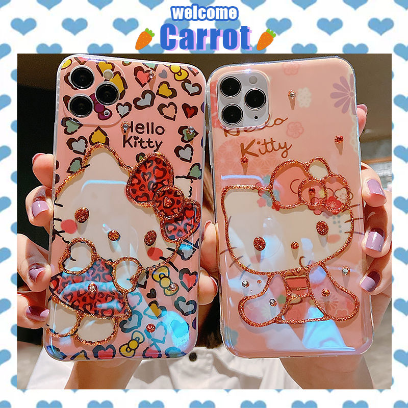 Ốp điện thoại nhựa in Hello Kitty đính kim cương xanh dương cho iPhone se/7/7p/8/8p/x/xs/xs max/xr/11/12/mini/promax