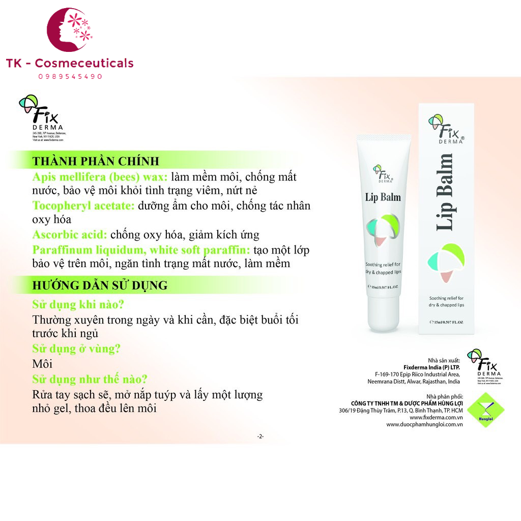 Son Dưỡng Môi Fixderma Lip Balm Giúp Giữ Ẩm Làm Mềm Mại, Giảm Khô, Nứt Nẻ Môi - 15ml