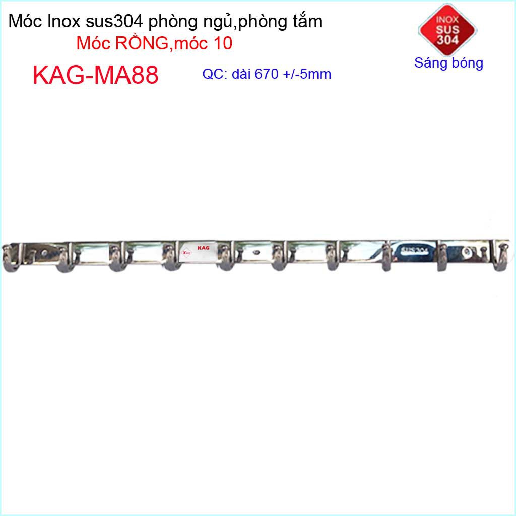 Móc rồng treo quần áo inox 304 cao cấp dày, móc Kace 10 móc treo đồ nhà tắm KAG-MA88