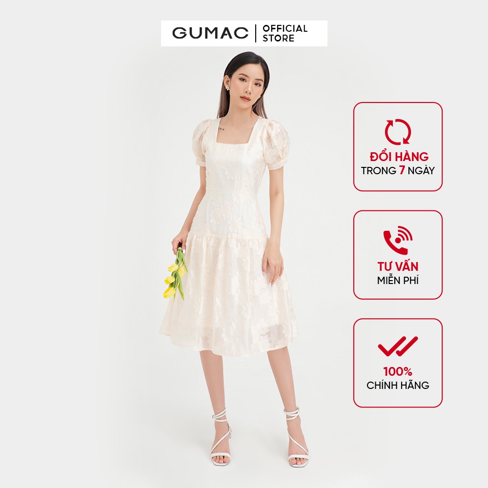 Đầm suông nữ cổ vuông GUMAC thiết kế váy nhún tùng màu kem đủ size DB4100 | BigBuy360 - bigbuy360.vn