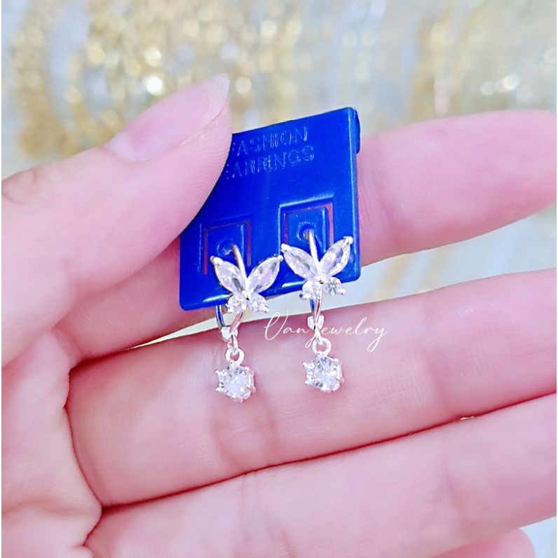 Bông tai bạc Bông tròn sát tai mặt hồ điệp nạm đá thả đá xinh