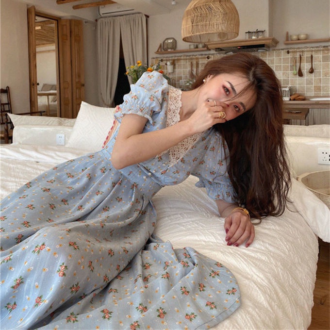Đầm Dáng Chữ a Cổ Chữ V Họa Tiết Hoa Thiết Kế Mới Thời Trang Mùa Hè Theo Phong Cách Pháp