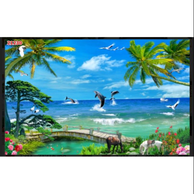 Tranh dán tường 3D Vải lụa phong cảnh biển