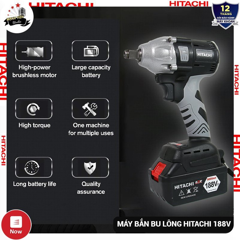 Máy siết bulong cầm tay dùng pin Hitachi 188V 9000mh (2 pin 1 sạc) – Motor từ không chổi than, lõi đồng 100% - 2 chế độ