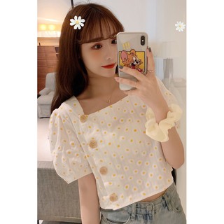 Áo sơmi cúc lệch họa tiết hoa cúc