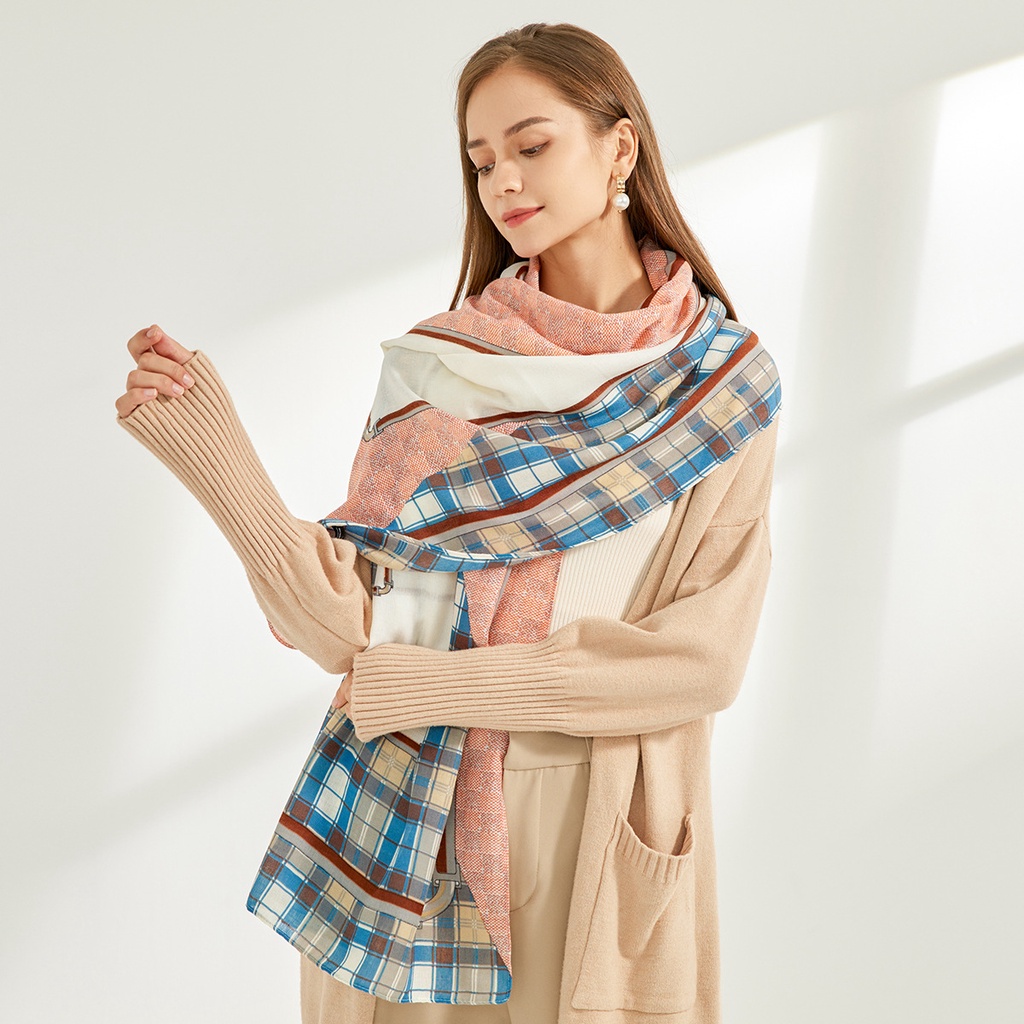 Khăn Choàng Cổ Dài Chất Liệu cotton Lanh Kẻ Sọc Màu Sắc Ấm Áp Thời Trang Thu Đông Cho Nữ