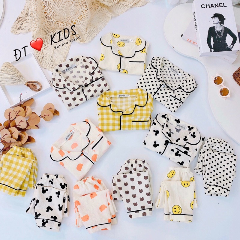 Đồ ngủ dài tay thu đông cho bé chất đũi xốp_Bộ pijama dài tay thu đông cho bé trai bé gái hoạ tiết kẻ