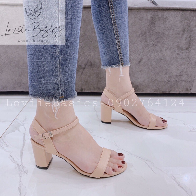 LOVIIE BASICS - SANDAL CAO GÓT 7 PHÂN  MŨI TRÒN GÓT VUÔNG - GIÀY SANDAL MŨI TRÒN ĐẾ VUÔNG - TRẮNG KEM ĐEN BÒ - G210424