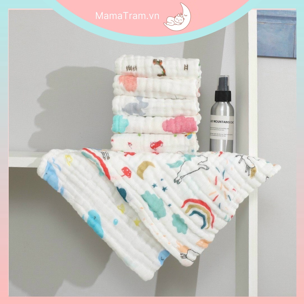 Set 5 Khăn Sữa Xô Mềm 6 Lớp KILUTA Kích Thước 26*26cm Nền Trắng Họa Tiết