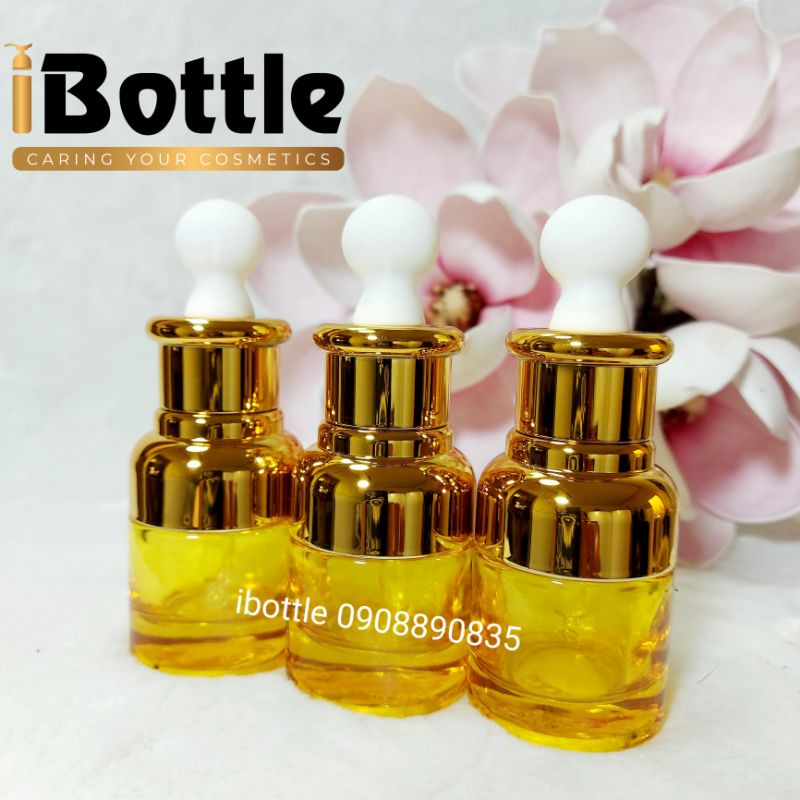 Chai lọ sang chiết mỹ phẩm - Chai thủy tinh vàng trong nắp bóp nấm 20ml