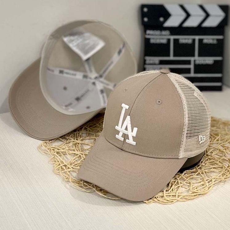 Mũ lưỡi trai lưới nâu MLB thêu chữ LA trắng Hàn Quốc, nón kết lưỡi trai phong cách Hàn quốc LA, hàng xuất dư.