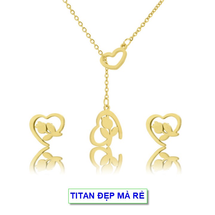 Bộ trang sức cá tính nữ mặt tim phối tim hoa hồng đẹp - Hàng titan vàng 18k sáng bóng đẹp - Cam kết 1 đổi 1 nếu đen