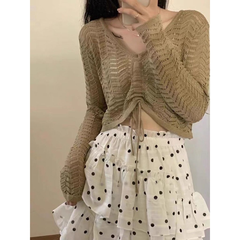Áo Sweater Tay Dài Cổ Chữ V Thiết Kế Dây Rút Thời Trang Mùa Hè Mới Cho Nữ
