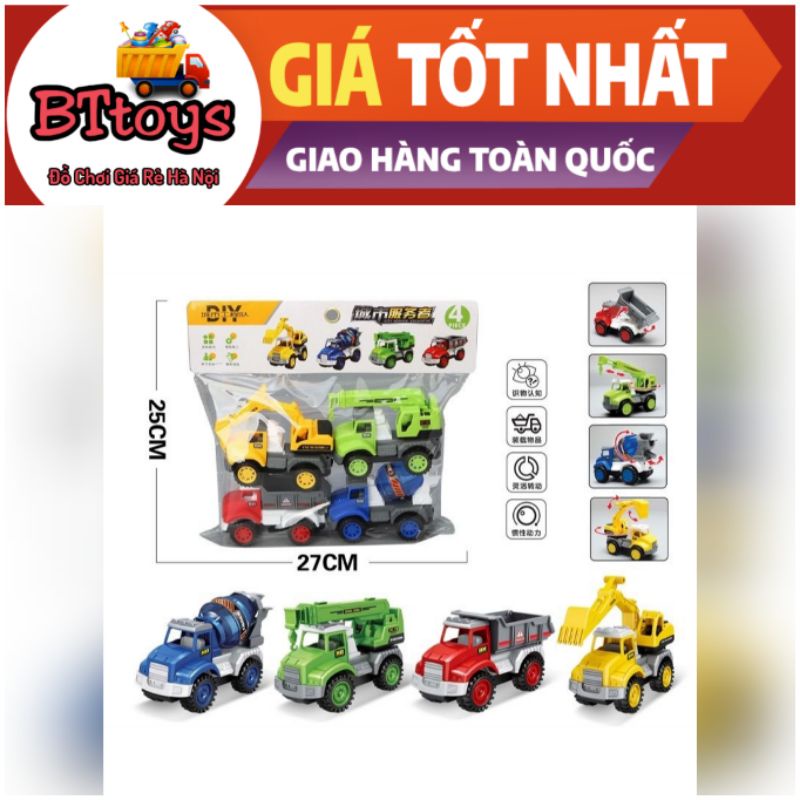 Xe ô tô đồ chơi, Túi 4 xe công trình nhiều màu sắc đẩy đà
