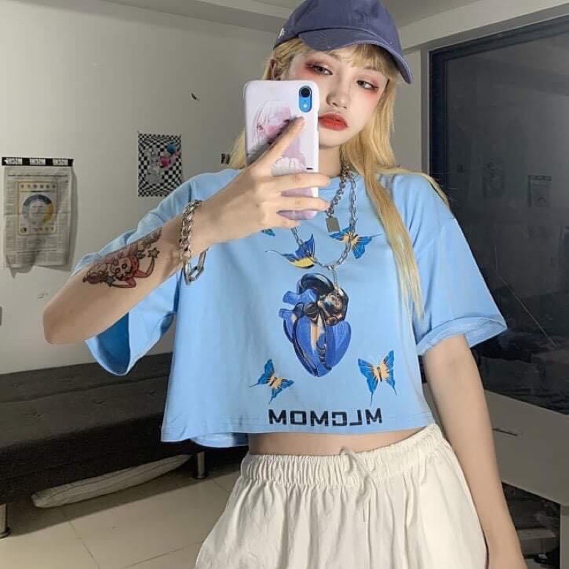 Áo croptop nữ in hình (tím/xanh)