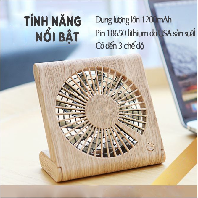 [Tặng pin sạc 1200mAh, 3 chế độ] Quạt mini để bàn vân gỗ sang trọng hiện đại 3 cấp độ gió 2 nguồn điện sạc USB hoặc pin | BigBuy360 - bigbuy360.vn