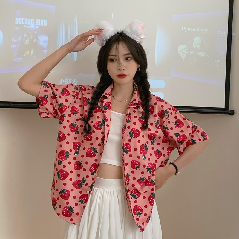 Áo Sơ Mi Nữ Tay Ngắn Dáng Rộng In Hình Quả Dâu Phong Cách Hàn Quốc