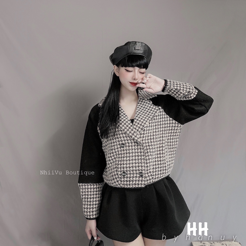Áo dạ tweed nữ dáng ngắn Caro Hàn Quốc  - Hàng quảng châu - Elly Store 68 | BigBuy360 - bigbuy360.vn