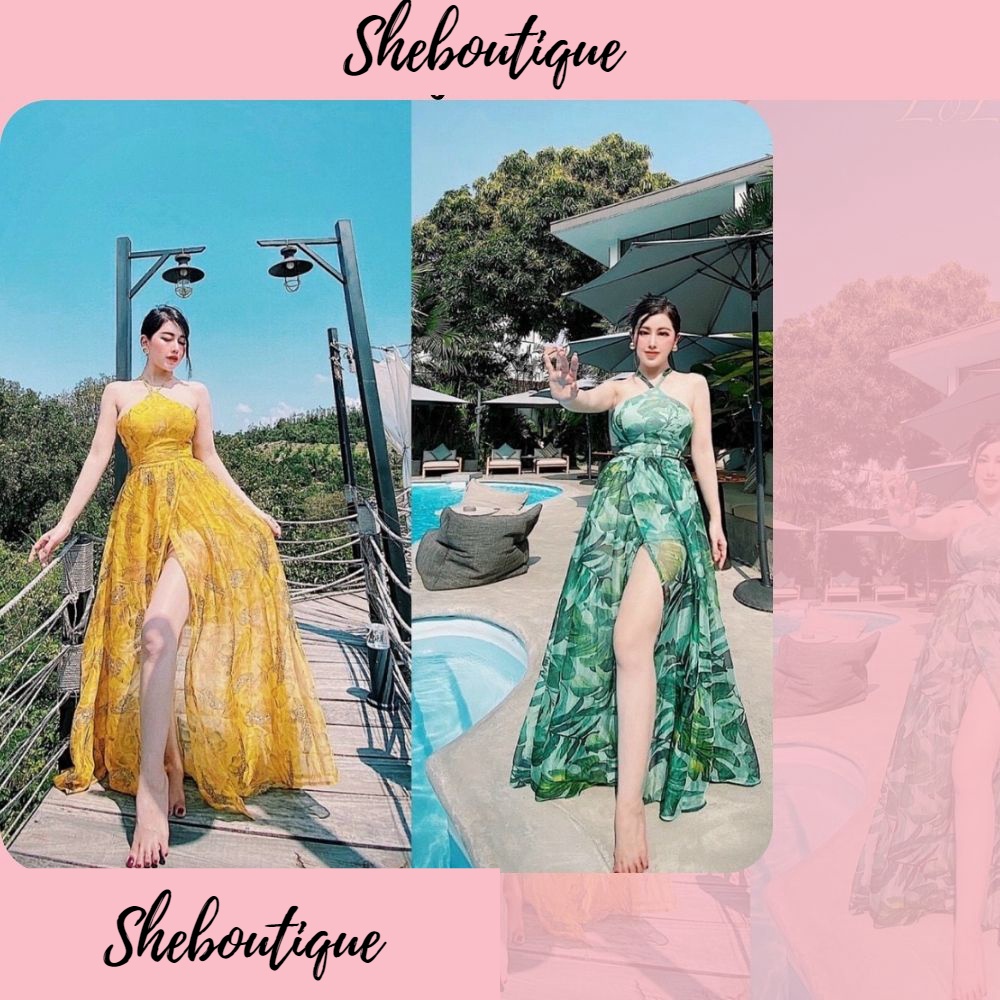 Đầm maxi nữ, đầm nữ voan cổ yếm hoạ tiết xinh 2 màu vàng, xanh SKUD-54
