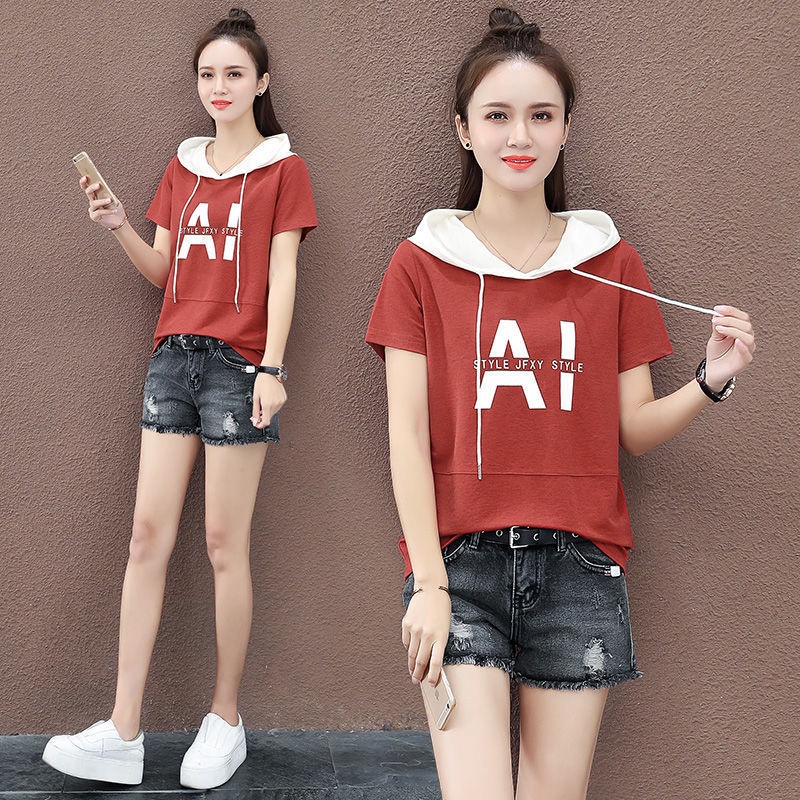 Áo Thun Tay Ngắn Giả Hai Lớp Có Mũ Trùm Thoáng Khí Dáng Rộng Thời Trang Mới Cho Nữ