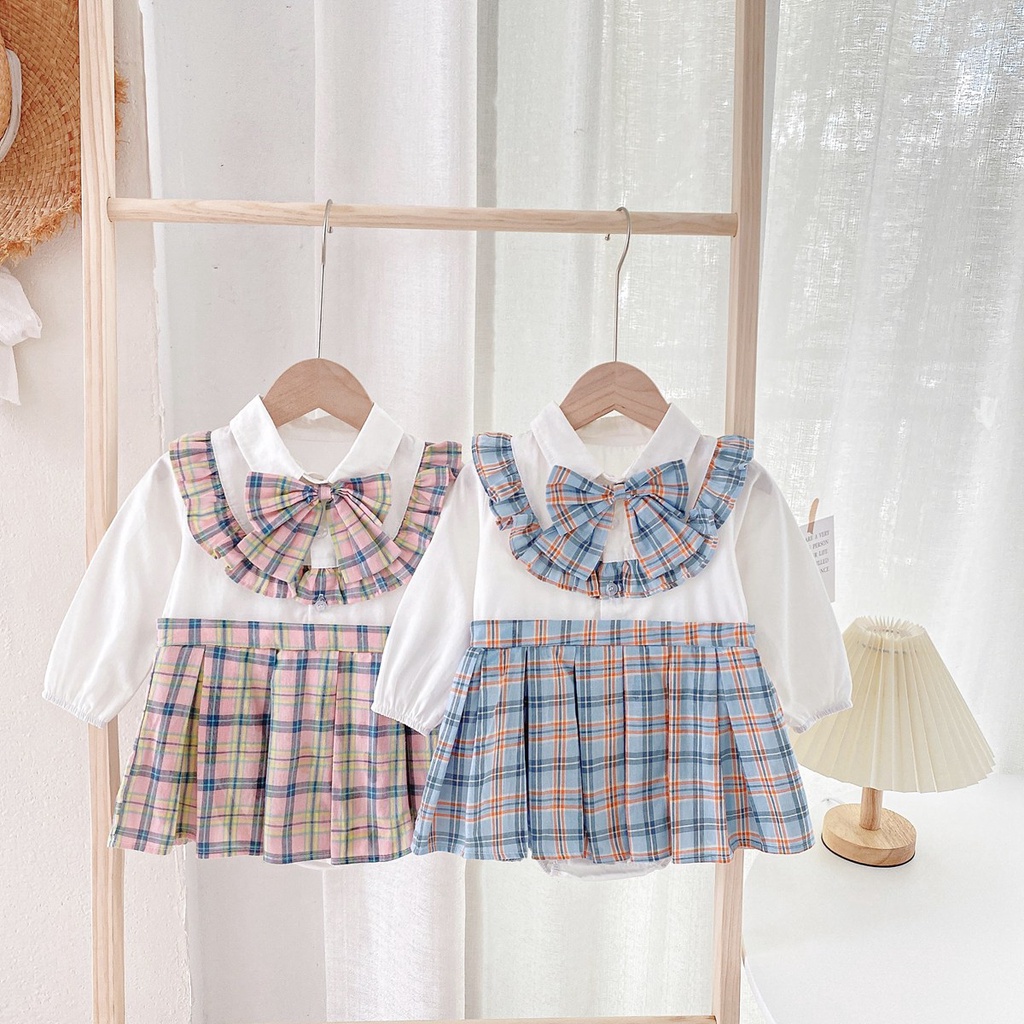 Sanlutoz Bộ Áo Liền Quần Tay Dài Vải Cotton Kẻ Sọc Ca Rô Dễ Thương Cho Bé Gái