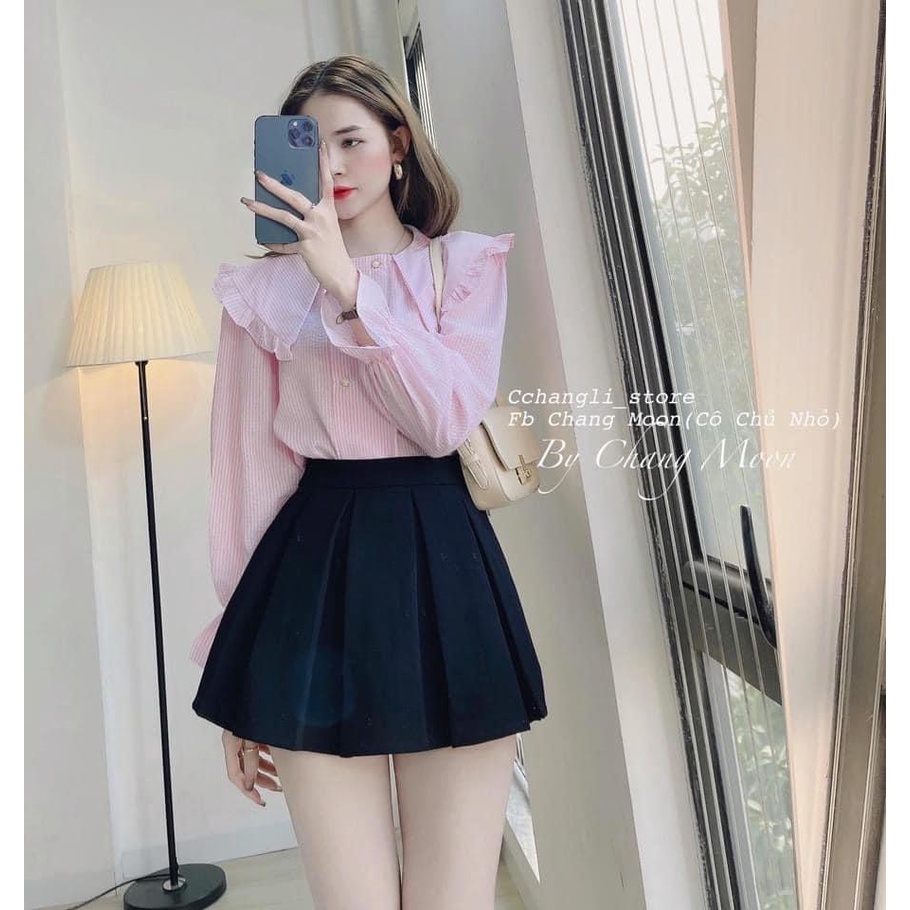 Áo sơ mi kẻ xốp điệu tay bo xinh xắn