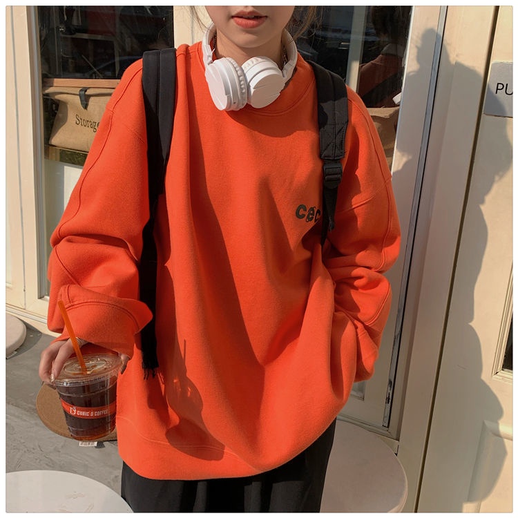 COZOK Áo sweater cổ tròn dáng rộng in chữ đơn giản phong cách Hàn Quốc thời trang