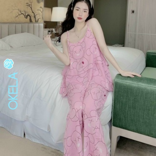 Đồ ngủ sexy nữ 2 dây quần dài pijama lụa cute mặc nhà dễ thương chất liệu mango cao cấp OKELA DT