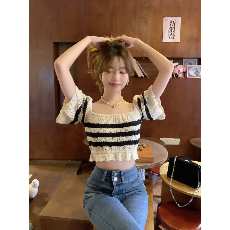Áo dệt kim kumikumi ngắn tay cổ vuông họa tiết kẻ sọc phong cách Hàn Quốc cho nữ