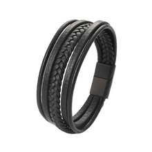Stainless Steel Suction Clasp with Multi-Layer Woven Leather Bracelet Retro Popular Couple Titanium Steel Bracelet