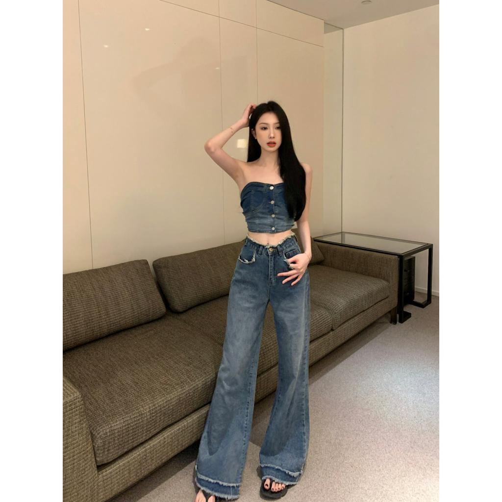 Cocory vn Bộ Áo Ngực Denim / Quần Jeans Tua Rua Thẳng Ống Rộng Lưng Cao Thời Trang Mùa Hè Quyến Rũ Cho Nữ