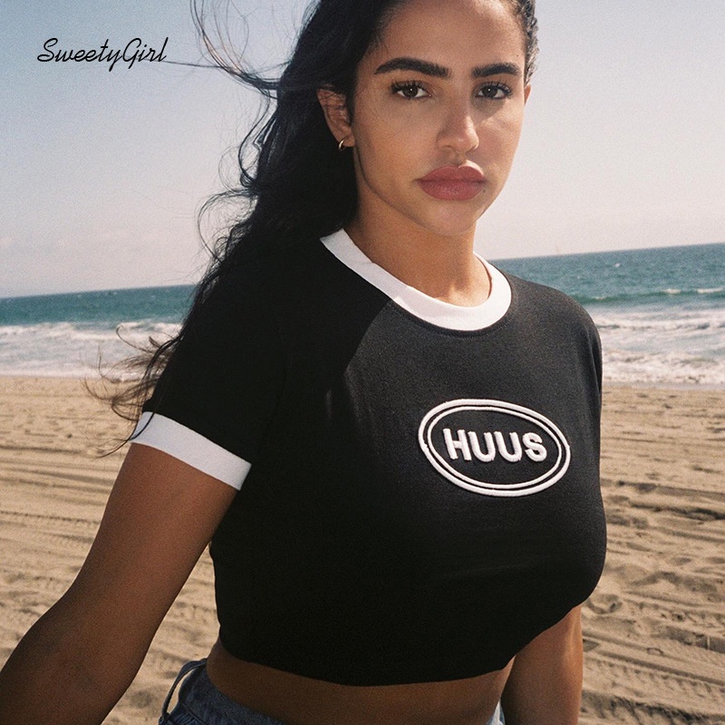 Áo Thun Croptop Cổ Tròn In Họa Tiết Màu Tương Phản Thời Trang Cho Nữ 2022