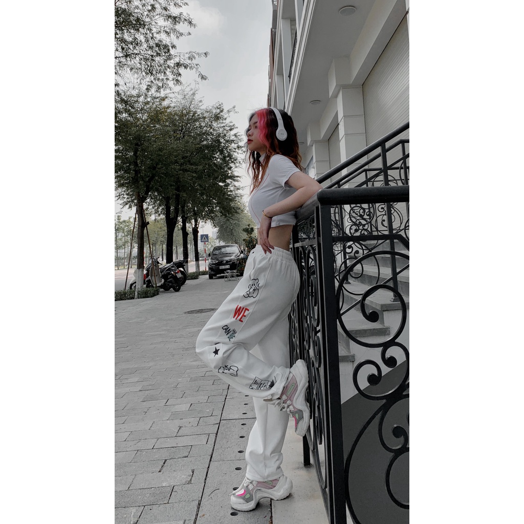 Quần jogger nữ ống rộng Delyn,quần ống rộng lưng thun thể thao thiết kế dây rút mặc suông bo gấu track pants