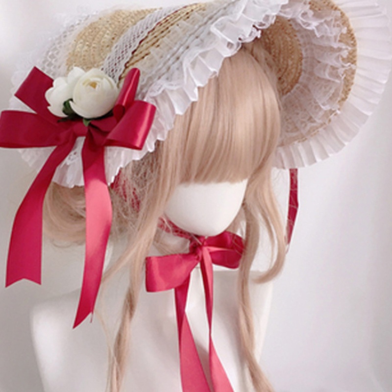 Nón cói chống nắng phối hoa nhún bèo ren và ruy băng nơ có dây đeo cằm phong cách Victoria vintage cho nữ