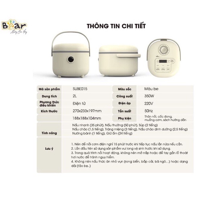 Nồi cơm điện thông minh Bear DFB-B20A1  8 chế độ nấu - Lõi nồi 5 lớp chống dính - Dung tích 2L - Công suất 350W