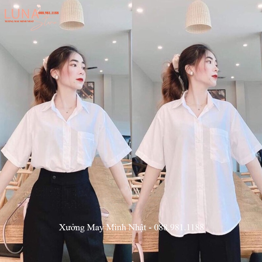 Áo sơ mi nữ đi học form rộng tay ngắn lỡ có túi dáng ulzzang freesize unisex kiểu áo sơ mi trắng nữ tay ngắn trơn đi học