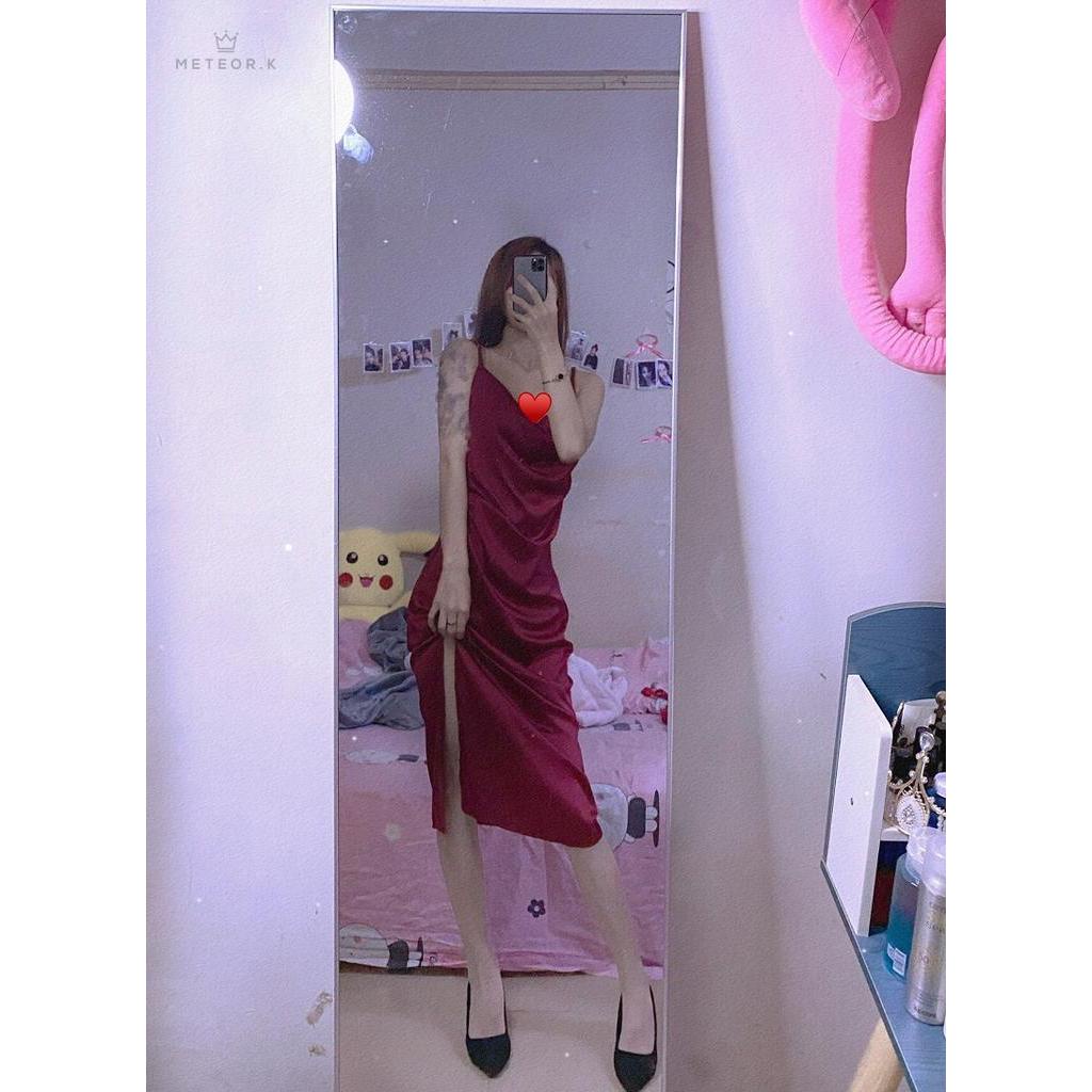Đầm satin dài hai dây màu đỏ quyến rũ dành cho nữ